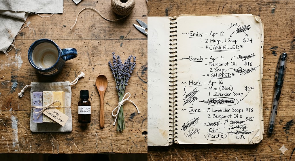 A flat-lay of handmade products beside a chaotic notebook full of crossed-out order notes